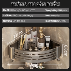Kệ treo góc tường nhà tắm nhà bếp loại to miếng dán đôi LH-6636 Nhôm Anod không rỉ