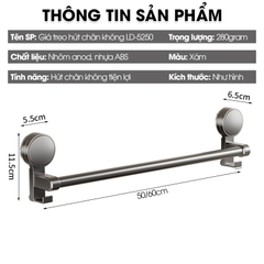 Giá treo khăn nhà tắm có móc hút chân không LD-5250, nhôm anod không rỉ, không cần khoan đục, dễ dàng lắp đặt