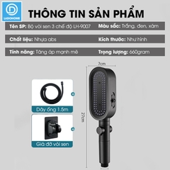 Vòi sen tăng áp 3 chế độ có đầu xả lớn có lõi lọc LH-9007 + kèm giá treo, ống nước TPR silicon siêu bền nóng lạnh