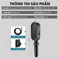 Vòi sen tăng áp 3 chế độ có đầu xả lớn có lõi lọc LH-9007 + kèm giá treo, ống nước TPR silicon siêu bền nóng lạnh