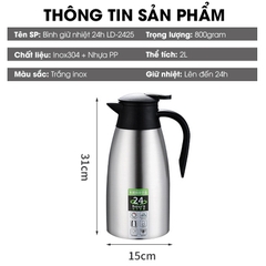 Bình giữ nhiệt 2L LD-2425 Inox 304 giữ nhiệt 24h, bình giữ nhiệt gia đình, ký túc xá sinh viên