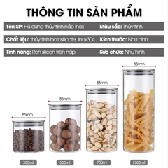 Hủ đựng trà thủy tinh, hủ đựng ngủ cốc nhà bếp, đồ ăn nhẹ snack, hủ gia vị có nắp bằng INOX cao cấp MFG-006