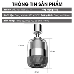 Đầu vòi lọc nước xoay 360 độ cho bồn rửa chén LV316 , lõi lọc bằng INOX 316 có lưới thép siêu mịn 2500 mắt lưới