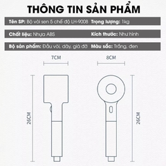 Bộ vòi sen điều áp 5 chế độ LH-9008 nhựa ABS cao cấp, lắp được cho nước nóng lạnh, có lõi lọc + dây ống 1.5m và giá đỡ