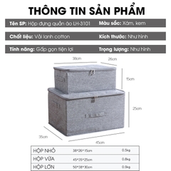 Hộp đựng quần áo, hộp lưu trữ chăn ga gối nệm vải lanh không dệt loại dày có nắp đậy và khóa kéo LH-3101