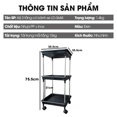 Kệ 3 tầng có bánh xe để đồ đa năng LD-3644, kệ đẩy gia đình, spa, tiệm nail gội đầu khung INOX không rỉ