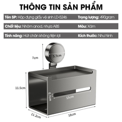 Hộp đựng giấy vệ sinh LD-5246 có cốc hút chân không gắn tường nhà tắm không cần khoán dán, nhôm anod + nhựa ABS