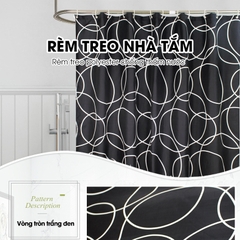 Rèm treo nhà tắm, màn che phòng tắm vải Poliester không thấm cao cấp họa tiết Vòng Tròn Trắng Đen