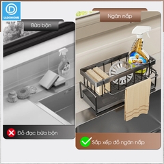 Kệ để đồ rửa chén LH-2337 để miếng bọt biển, nước rửa chén, có thanh treo khăn dạng lưới thoát nước nhanh chóng