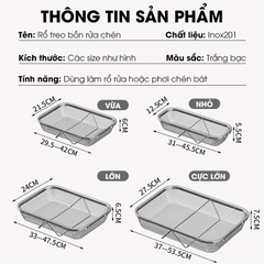 Rổ Inox treo bồn rửa chén, khay úp chén, khay rửa rau có thể điều chỉnh kích thước LD-2448