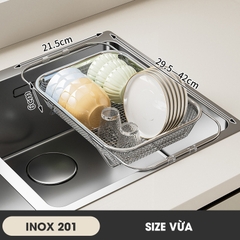Rổ Inox treo bồn rửa chén, khay úp chén, khay rửa rau có thể điều chỉnh kích thước LD-2448