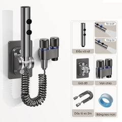 Bộ vòi xịt vệ sinh, toilet cao cấp LH-9424 thép không rỉ, lõi đồng + dây lò xo 2m, giá đỡ dán tường, van chia chữ H
