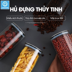Hủ đựng trà thủy tinh, hủ đựng ngủ cốc nhà bếp, đồ ăn nhẹ snack, hủ gia vị có nắp bằng INOX cao cấp MFG-006