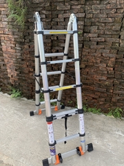 Thang nhôm rút gọn đai đen có bánh xe NiNDA ND-38AIS chữ A 1m9, duỗi 3m8