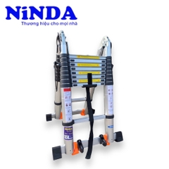 Thang nhôm rút gọn đai đen có bánh xe NiNDA ND-64AIS chữ A 3m2, duỗi 6m4