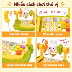 Điện Thoại Thỏ Để Bàn, Đồ Chơi Đa Năng Có Đàn Piano Đèn Nhạc Cho Bé