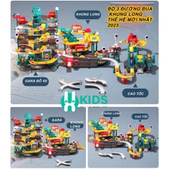 Đồ chơi lắp ráp đường đua ô tô kết hợp garage bãi đỗ xe 4 tầng mô hình khủng long cỡ lớn có phun khói đèn nhạc cho bé