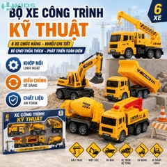 Bộ 6 Xe Công Trình Màu Vàng, Mô Hình Khớp Chuyển Động Cho Bé