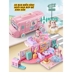 Đồ chơi xe bus màu hồng biến hình thành ngôi nhà búp bê đầy đủ nội thất phụ kiện dễ thương cho bé gái