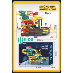 Đồ chơi lắp ráp đường đua ô tô kết hợp garage bãi đỗ xe 4 tầng mô hình khủng long cỡ lớn có phun khói đèn nhạc cho bé