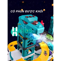 Đồ chơi lắp ráp đường đua ô tô kết hợp garage bãi đỗ xe 4 tầng mô hình khủng long cỡ lớn có phun khói đèn nhạc cho bé
