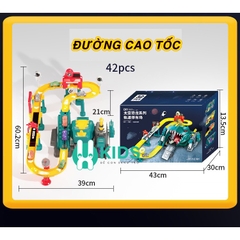 Đồ chơi lắp ráp đường đua ô tô kết hợp garage bãi đỗ xe 4 tầng mô hình khủng long cỡ lớn có phun khói đèn nhạc cho bé