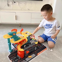 Đồ chơi lắp ráp đường đua ô tô kết hợp garage bãi đỗ xe 4 tầng mô hình khủng long cỡ lớn có phun khói đèn nhạc cho bé