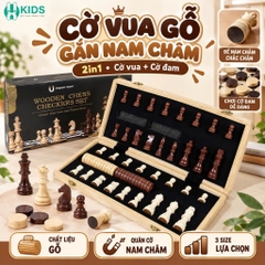 Bộ Cờ Vua Gỗ Sồi Nam Châm Gấp Gọn 2in1 Kèm Cờ Đam Cho Bé