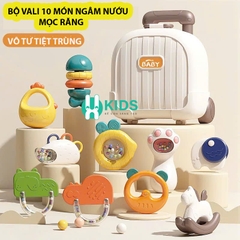 Bộ đồ chơi xúc xắc, gặm nướu mọc răng, lục lạc 10 món cao cấp kèm vali đựng có thể đun sôi tiệt trùng cho bé sơ sinh