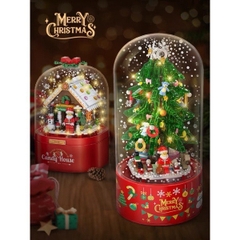 Hộp nhạc giáng sinh lắp ghép xếp hình người tuyết, cây thông noel có tuyết rơi tự động xoay 360 độ và đèn bắt mắt