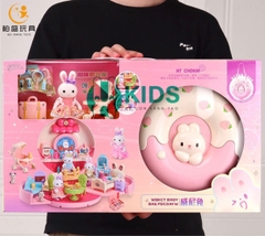 Đồ Chơi Balo Hình Chiếc Bánh Donut Biến Hình Ngôi Nhà Búp Bê Thỏ Đáng Yêu kèm nhiều phụ kiện Cho Bé Gái