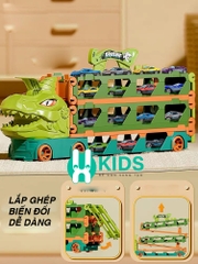 Xe tải container vận chuyển khủng long cỡ lớn biến hình đường ray ô tô siêu tốc dài 2m1 kèm nhiều ô tô cho bé