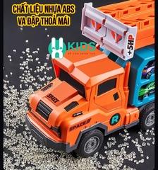 Đồ chơi xe ô tô container 3 tầng có cần cẩu biến dạng đường đua trượt kết hợp cỡ lớn kèm nhiều ô tô hợp kim cho bé