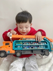 Đồ chơi xe ô tô container 3 tầng có cần cẩu biến dạng đường đua trượt kết hợp cỡ lớn kèm nhiều ô tô hợp kim cho bé