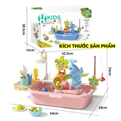 Đồ chơi bồn rửa chén đĩa hoa quả đa năng kèm trò câu cá có vòi nước tự động, cầu trượt xoắn ốc kèm vịt, cá voi cho bé