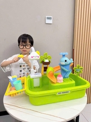 Đồ chơi bồn rửa chén đĩa hoa quả đa năng kèm trò câu cá có vòi nước tự động, cầu trượt xoắn ốc kèm vịt, cá voi cho bé