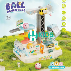 Đồ chơi vận động STEM điều khiển đường đua ô tô phiêu lưu bằng tay với bóng hình thú kết hợp cần cẩu có đèn nhạc cho bé