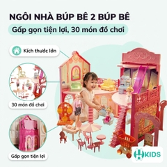 Đồ chơi lâu đà ngôi nhà búp bê cỡ siêu lớn lắp ráp gấp gọn thông minh sẵn 2 búp bê, đầy đủ phụ kiện nội thất cho bé gái