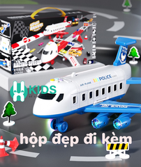 Đồ chơi máy bay cảnh sát cứu hỏa cỡ lớn loại mới biến hình đường đua dài 1m1 kèm 6 ô tô có đèn có nhạc cho bé