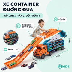 Đồ chơi xe ô tô container 3 tầng có cần cẩu biến dạng đường đua trượt kết hợp cỡ lớn kèm nhiều ô tô hợp kim cho bé