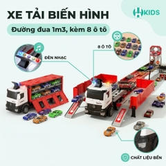 Đồ chơi xe tải container cỡ lớn biến dạng bãi đỗ xe kết hợp đường đua dài 1m3 có đèn nhạc kèm sẵn 8 ô tô hợp kim cho bé