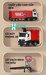 Đồ chơi xe tải container cỡ lớn biến dạng bãi đỗ xe kết hợp đường đua dài 1m3 có đèn nhạc kèm sẵn 8 ô tô hợp kim cho bé