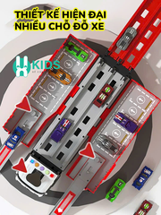 Đồ chơi xe tải container cỡ lớn biến dạng bãi đỗ xe kết hợp đường đua dài 1m3 có đèn nhạc kèm sẵn 8 ô tô hợp kim cho bé