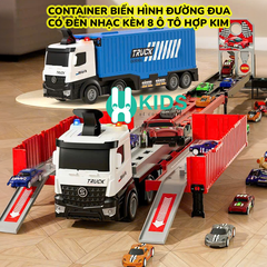 Đồ chơi xe tải container cỡ lớn biến dạng bãi đỗ xe kết hợp đường đua dài 1m3 có đèn nhạc kèm sẵn 8 ô tô hợp kim cho bé