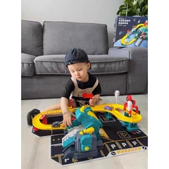 Đồ chơi lắp ráp đường đua ô tô kết hợp garage bãi đỗ xe 4 tầng mô hình khủng long cỡ lớn có phun khói đèn nhạc cho bé