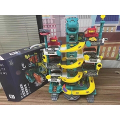 Đồ chơi lắp ráp đường đua ô tô kết hợp garage bãi đỗ xe 4 tầng mô hình khủng long cỡ lớn có phun khói đèn nhạc cho bé
