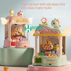 Máy gắp gấu mini phiên bản mới ngựa pony cánh tiên có nhạc đèn led chiếu hoạt hình cỡ lớn sẵn nhiều xu gấu bóng cho bé