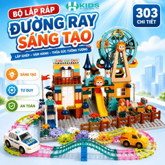 Bộ Khối Lắp Ráp Đường Ray Công Viên 303 Chi Tiết Có Vòng Quay Và Xe Cho Bé 6 Tuổi+