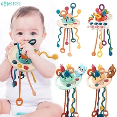 Đồ Chơi Kéo Dây Silicone 5in1 Cho Bé, Bảng Bận Rộn Luyện Cầm Nắm Và Vận Động Tinh