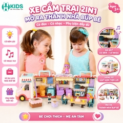 Xe cắm trại mở ra thành ngôi nhà búp bê có đèn nhạc – đồ chơi xe du lịch 2in1 cho bé gái siêu xinh